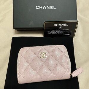 CHANEL Pink Quilted Caviar Zip Card Holder with Gold CC